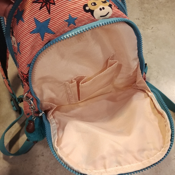 Kipling Backpack Heart Pocket Bright Pink & Blue w Stars, Monkey & Monkey Charm - Picture 6 of 9